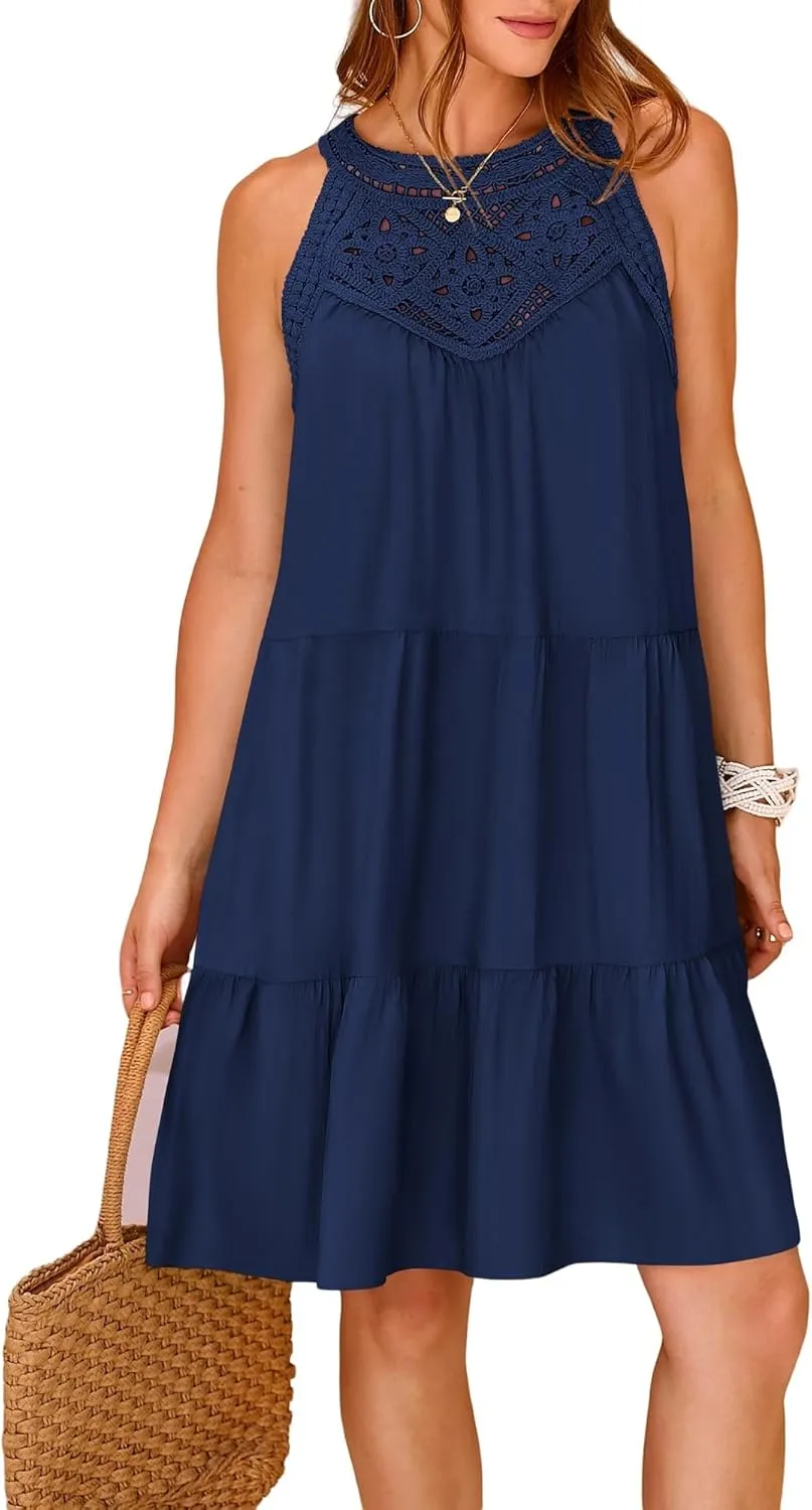 Summer Halter Maxi Dresses for Women Tiered Swing Cotton Linen Sundress Sleeveless A-Line Beach Vacation Sundress