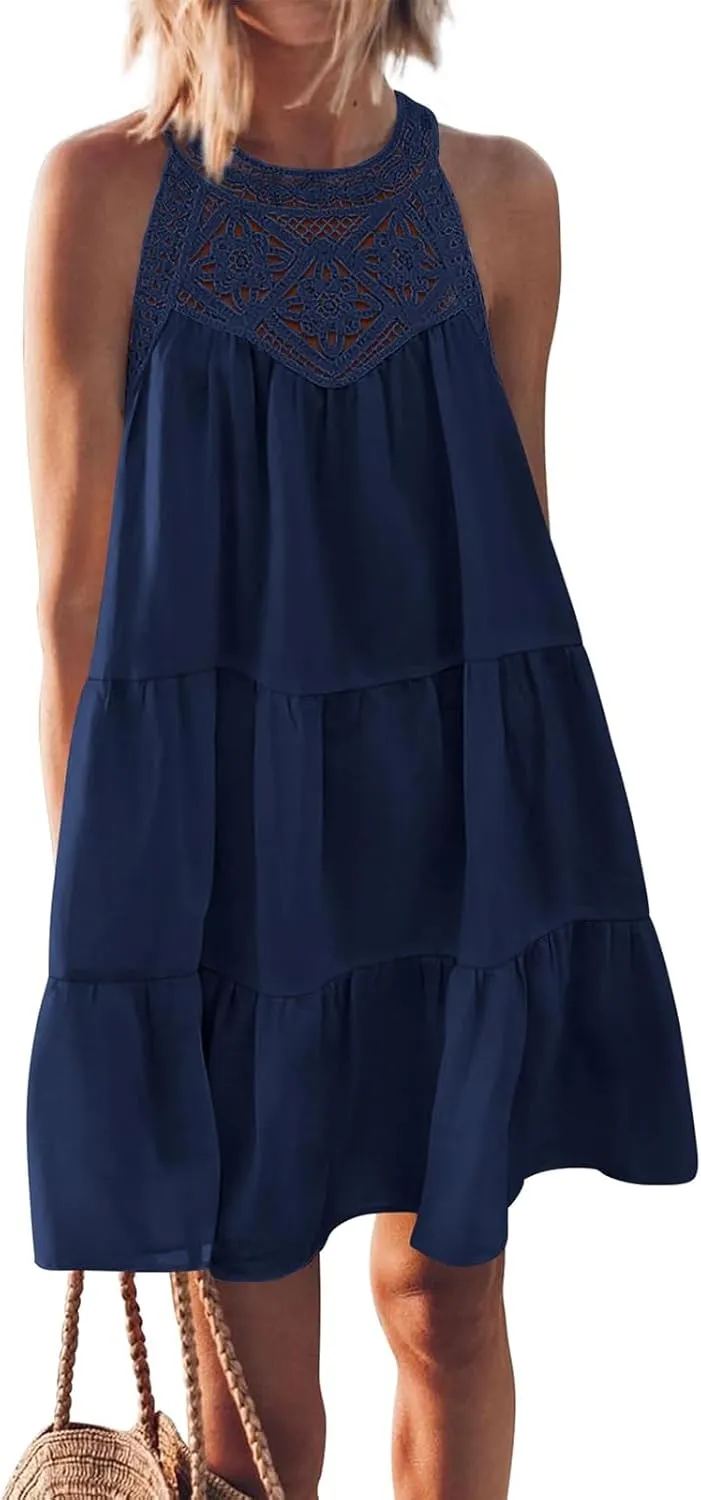 Summer Halter Maxi Dresses for Women Tiered Swing Cotton Linen Sundress Sleeveless A-Line Beach Vacation Sundress