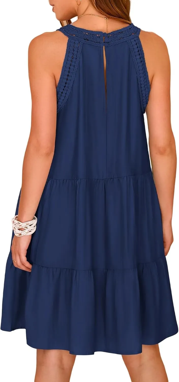 Summer Halter Maxi Dresses for Women Tiered Swing Cotton Linen Sundress Sleeveless A-Line Beach Vacation Sundress