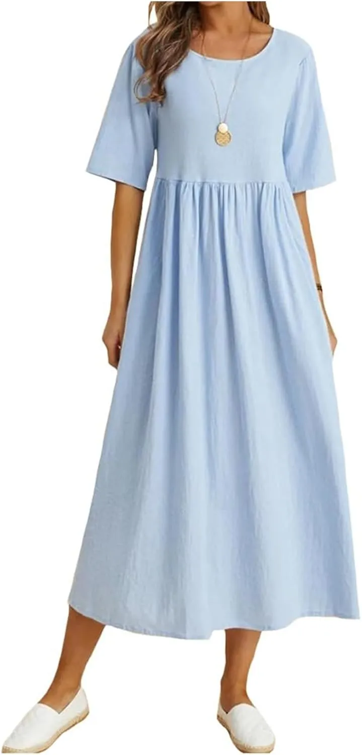 Summer Maxi Dresses for Women Long Linen Dress Casual T Shirt Dress Short Sleeve Flowy Dresses Beach A Line Sundress