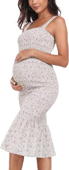 Summer Tank Maternity Dress Sleeveless Strappy Floral Midi Bodycon Square Neck Ruffle Mermaid Smocked Dress for Baby Shower