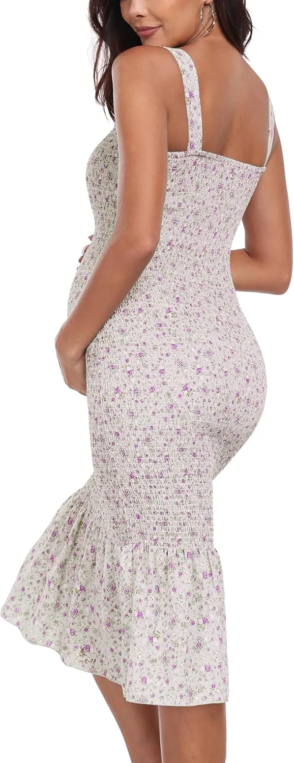 Summer Tank Maternity Dress Sleeveless Strappy Floral Midi Bodycon Square Neck Ruffle Mermaid Smocked Dress for Baby Shower