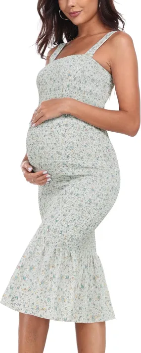 Summer Tank Maternity Dress Sleeveless Strappy Floral Midi Bodycon Square Neck Ruffle Mermaid Smocked Dress for Baby Shower