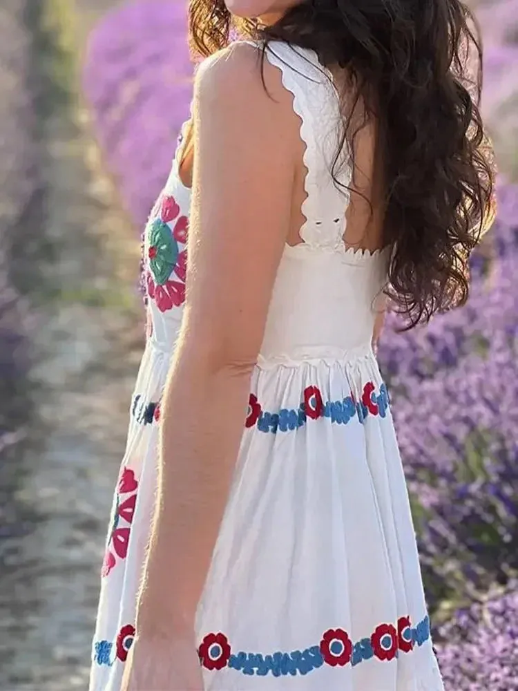 TAVIMART  -  Casual Print Backless Vacation Pleated Swing Robes Female Square Neck Spliced Ruffles Hem Sundress Chic Summer Beach Lady Dress