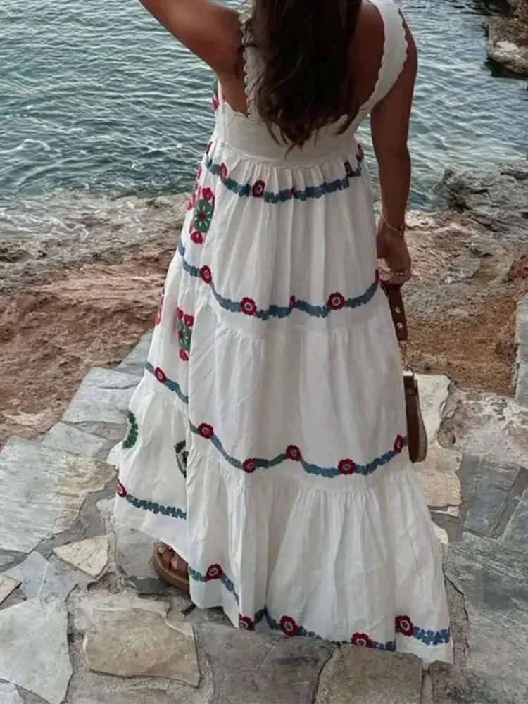 TAVIMART  -  Casual Print Backless Vacation Pleated Swing Robes Female Square Neck Spliced Ruffles Hem Sundress Chic Summer Beach Lady Dress