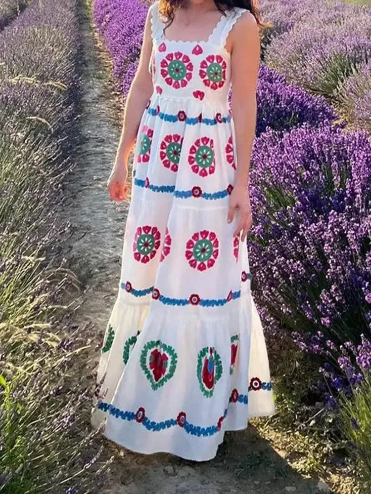 TAVIMART  -  Casual Print Backless Vacation Pleated Swing Robes Female Square Neck Spliced Ruffles Hem Sundress Chic Summer Beach Lady Dress