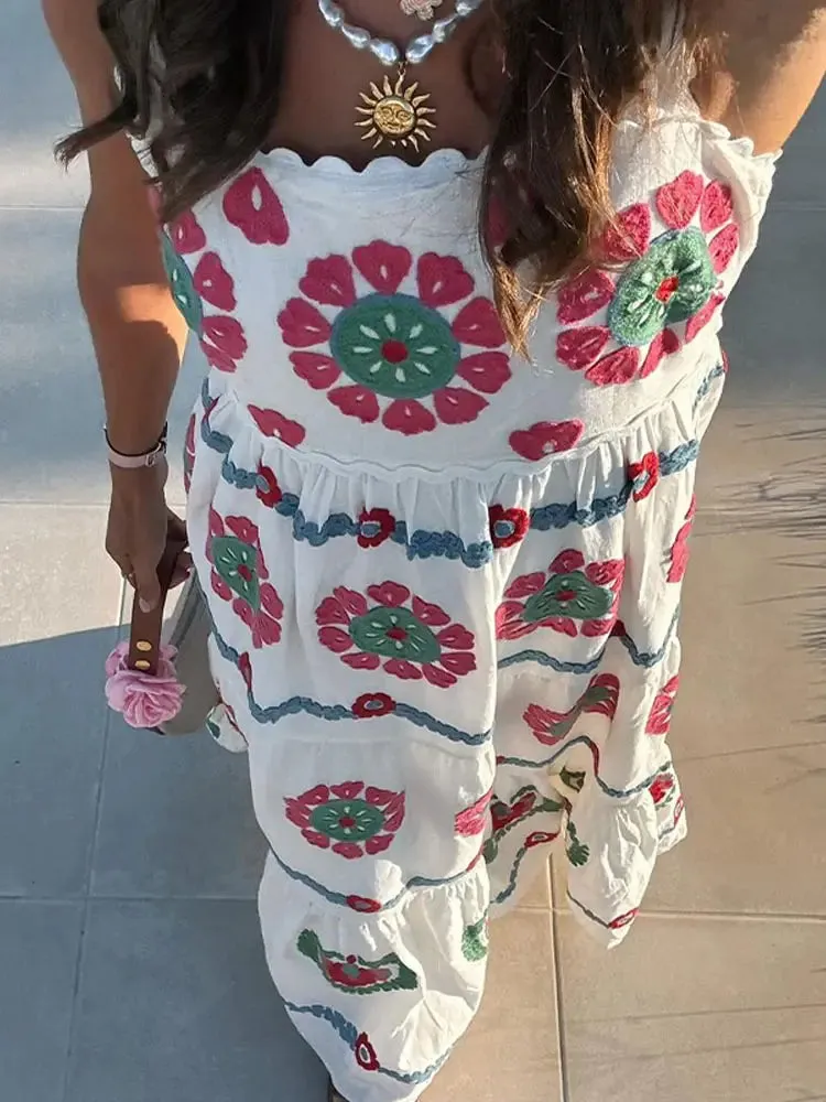TAVIMART  -  Casual Print Backless Vacation Pleated Swing Robes Female Square Neck Spliced Ruffles Hem Sundress Chic Summer Beach Lady Dress