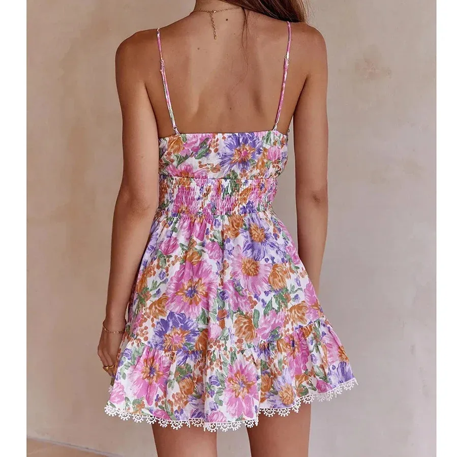 TAVIMART  -  Floral Printed Strappy Mini Dress Bow Tie Pink Ruffles Sexy Summer Sundress Chic Backless Party Dresses Ladies Vestido