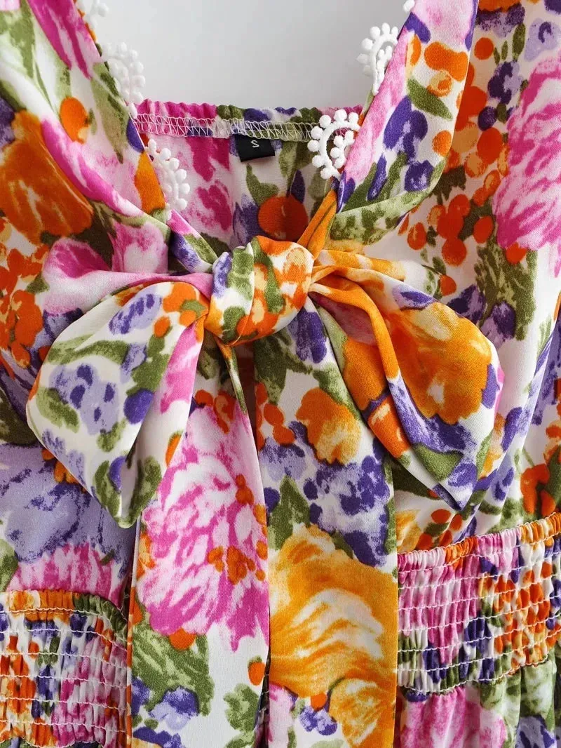 TAVIMART  -  Floral Printed Strappy Mini Dress Bow Tie Pink Ruffles Sexy Summer Sundress Chic Backless Party Dresses Ladies Vestido