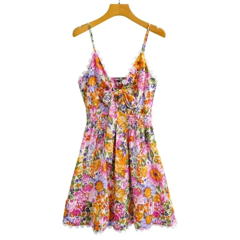 TAVIMART  -  Floral Printed Strappy Mini Dress Bow Tie Pink Ruffles Sexy Summer Sundress Chic Backless Party Dresses Ladies Vestido