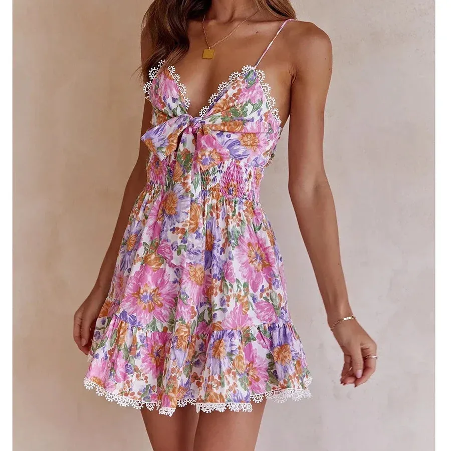 TAVIMART  -  Floral Printed Strappy Mini Dress Bow Tie Pink Ruffles Sexy Summer Sundress Chic Backless Party Dresses Ladies Vestido