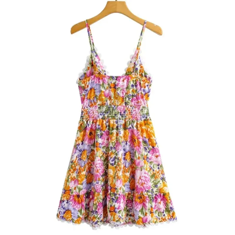 TAVIMART  -  Floral Printed Strappy Mini Dress Bow Tie Pink Ruffles Sexy Summer Sundress Chic Backless Party Dresses Ladies Vestido