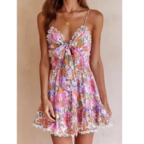 TAVIMART  -  Floral Printed Strappy Mini Dress Bow Tie Pink Ruffles Sexy Summer Sundress Chic Backless Party Dresses Ladies Vestido
