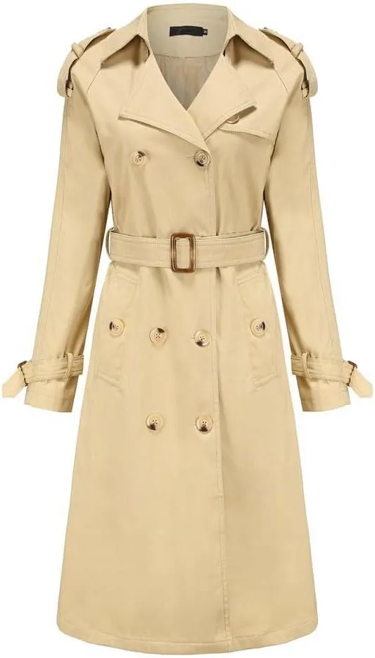 Trench Coat for Women Classic Notch Lapel Double Breasted Pea Coats Casual Long Sleeve Winter Jacket with Belt