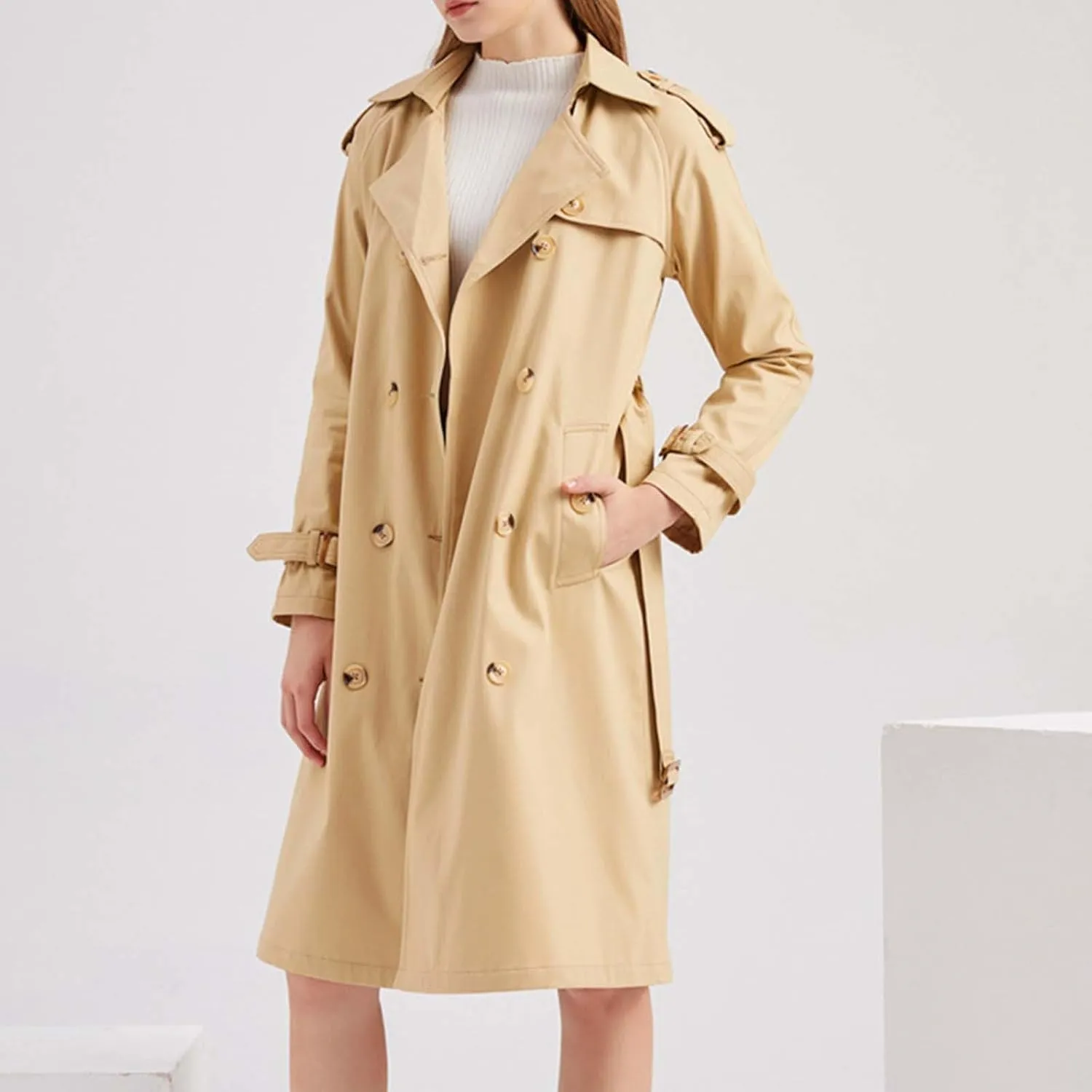 Trench Coat for Women Classic Notch Lapel Double Breasted Pea Coats Casual Long Sleeve Winter Jacket with Belt