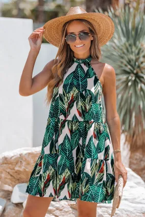 Tropical Leaf Print Halter Dress