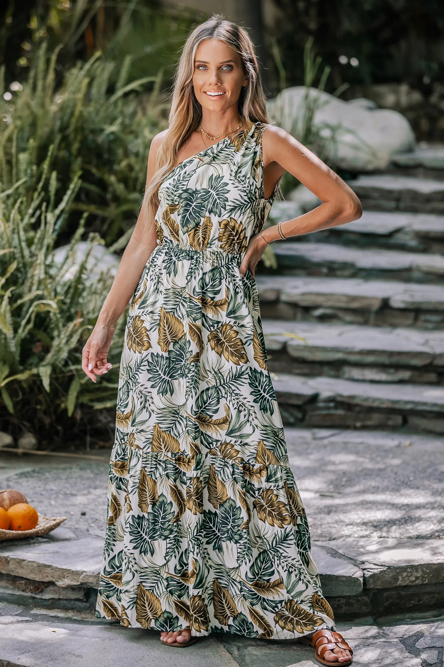 Tropical Leaf Print One-Shoulder A-shape Dress