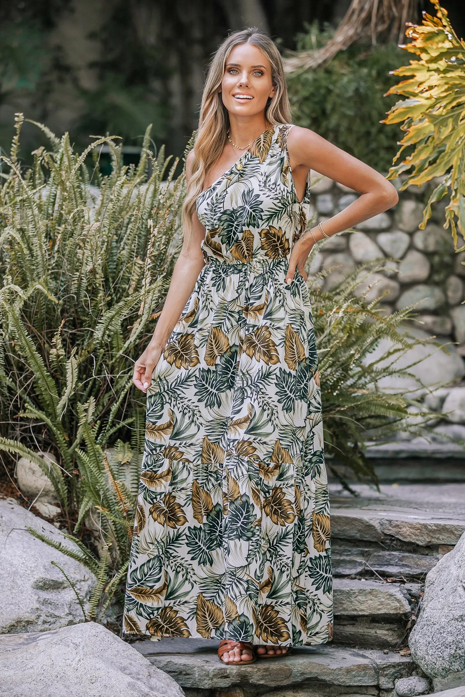 Tropical Leaf Print One-Shoulder A-shape Dress