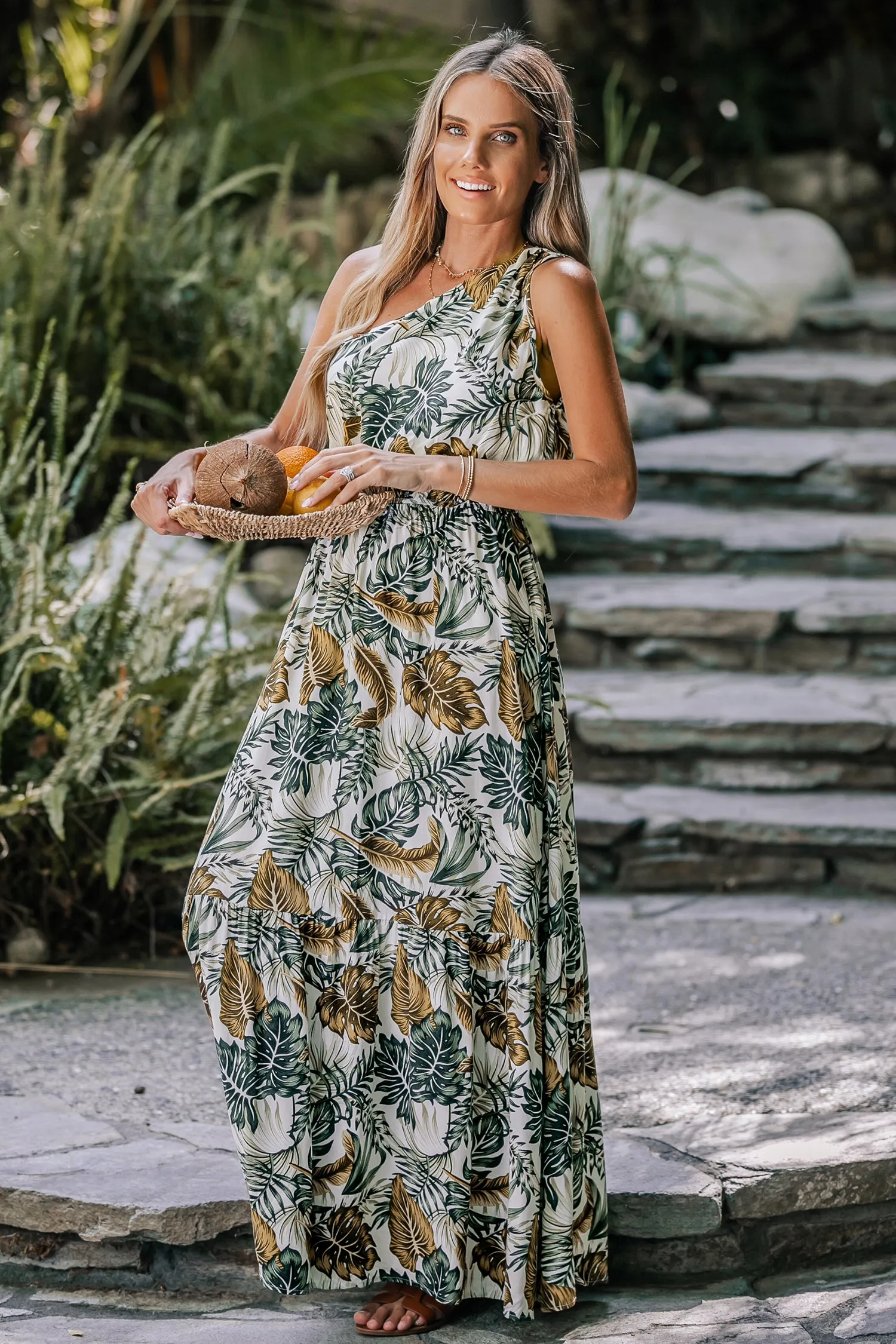 Tropical Leaf Print One-Shoulder A-shape Dress