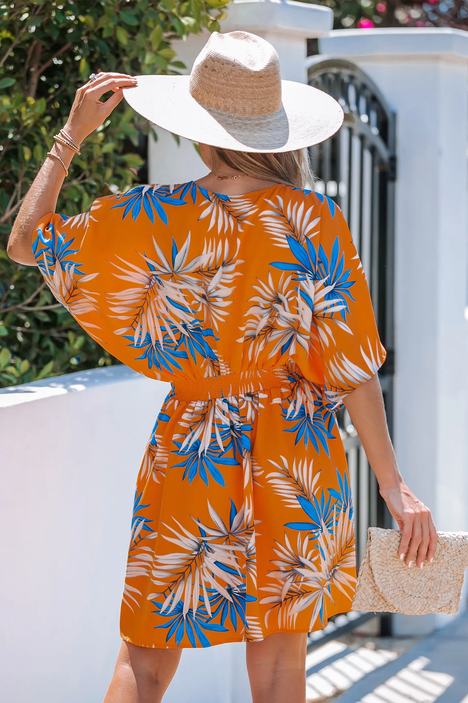 Tropical Leaf Print V-Neck A-Shape Dress
