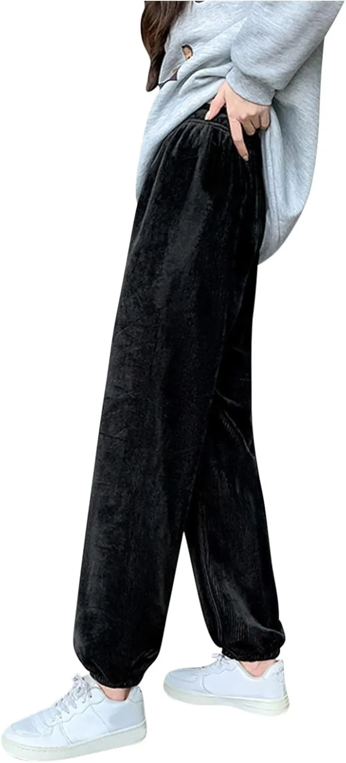 Uillui Corduroy Pants for Women Soft Comfortable Csual Pants Loose Fit Bound Feet Trouser High Waist Solid Straight Leg Pant