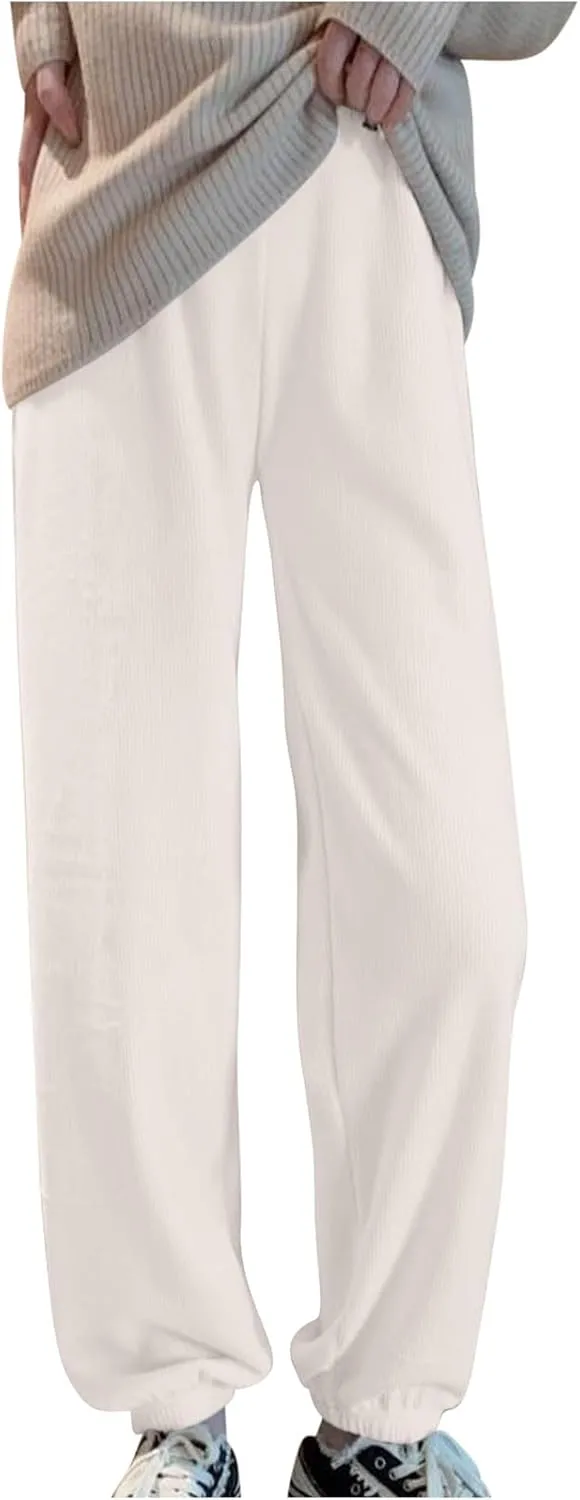 Uillui Corduroy Pants for Women Soft Comfortable Csual Pants Loose Fit Bound Feet Trouser High Waist Solid Straight Leg Pant