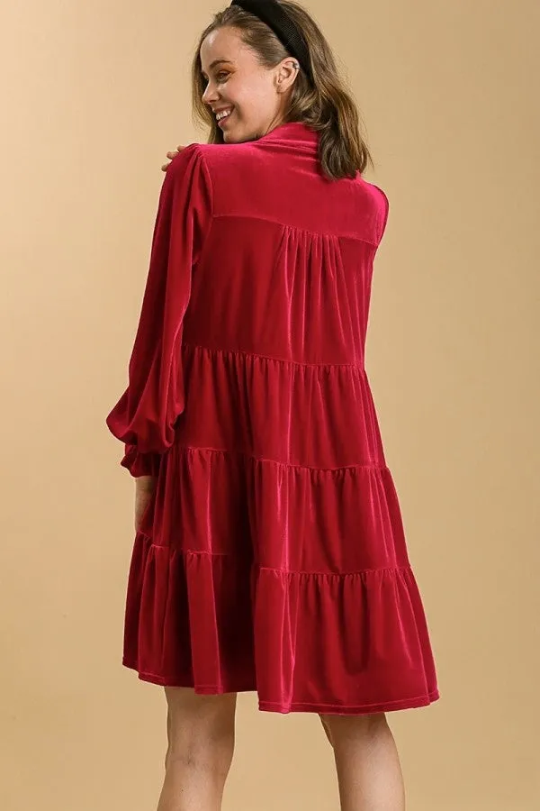 Umgee Velvet Collared Tiered Dress in Red Velvet