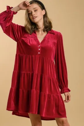 Umgee Velvet Collared Tiered Dress in Red Velvet