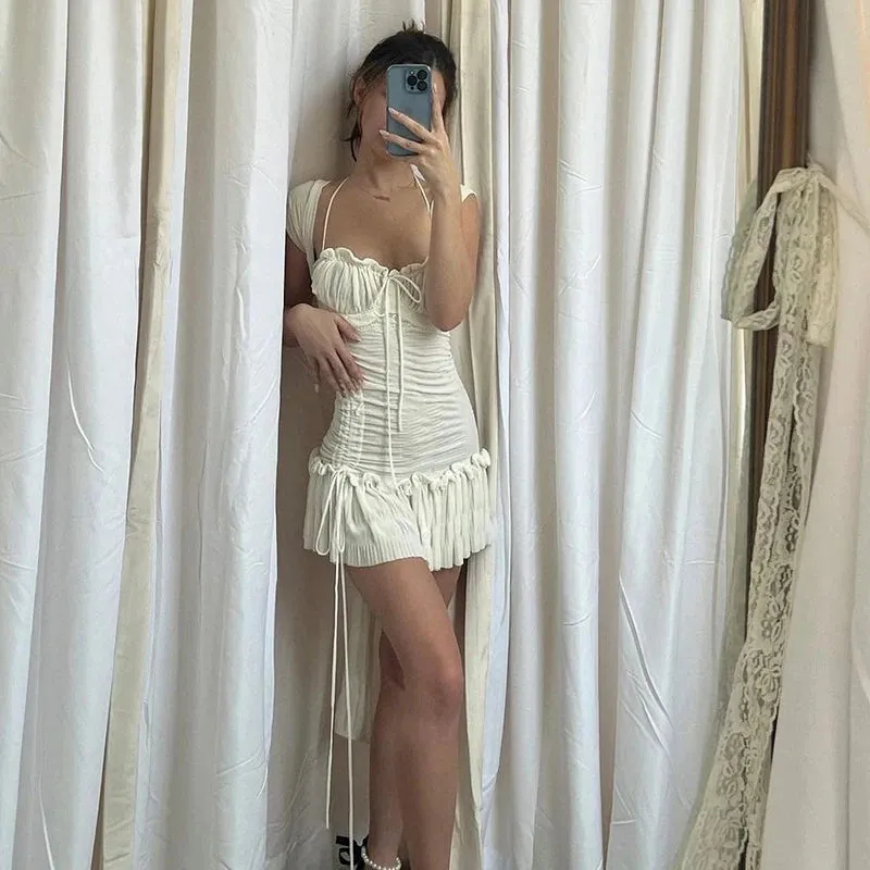 Vevesc Vitnage Draped White Mini Dress Y2K Fairycore Shirring Ruffles Sundress Retro Spaghetti Strap Dress Chic Women French Romantic