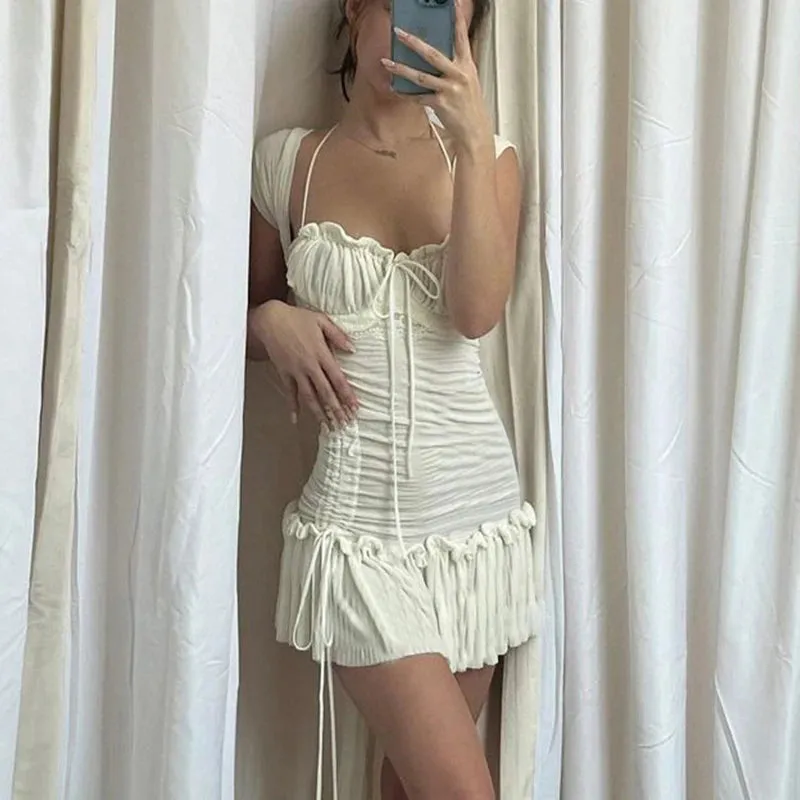 Vevesc Vitnage Draped White Mini Dress Y2K Fairycore Shirring Ruffles Sundress Retro Spaghetti Strap Dress Chic Women French Romantic
