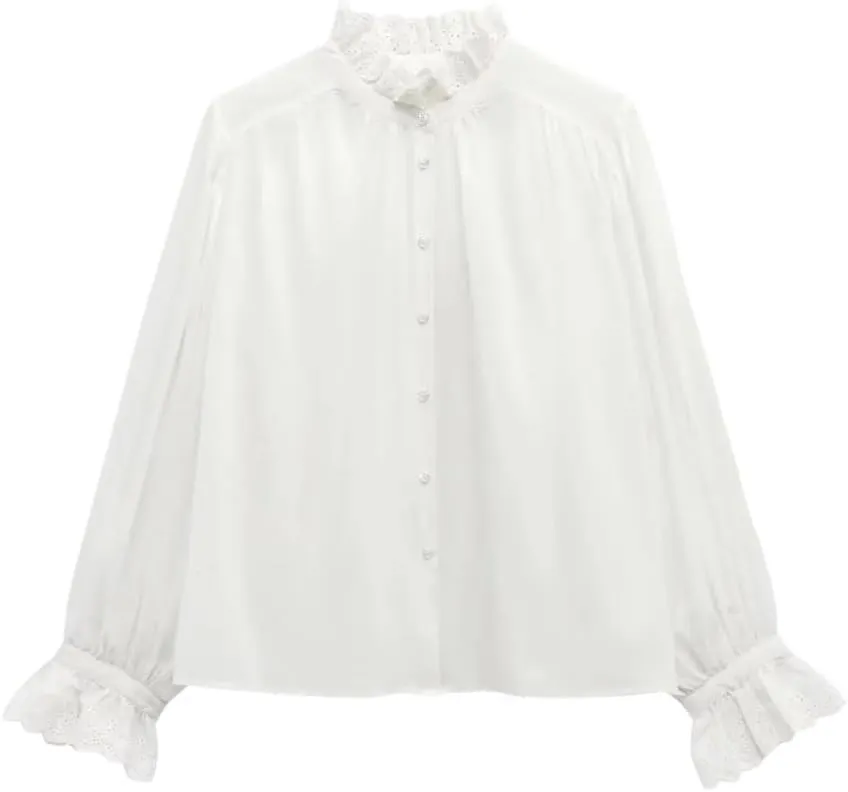 Woman Breathable Hollowed Out Embroidered Top Slim Single Breasted Shirts