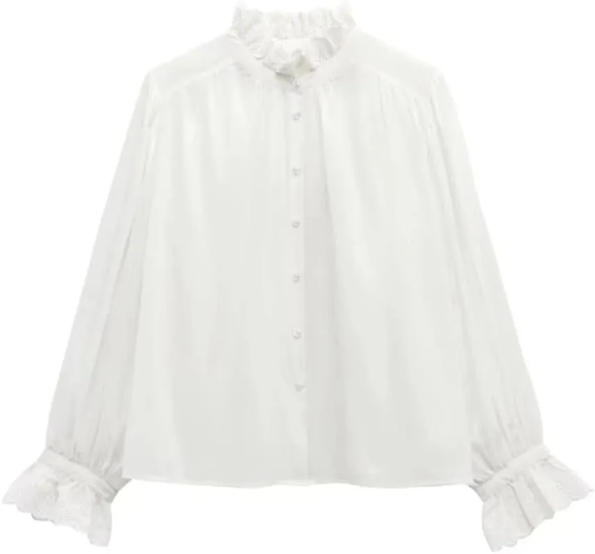 Woman Breathable Hollowed Out Embroidered Top Slim Single Breasted Shirts