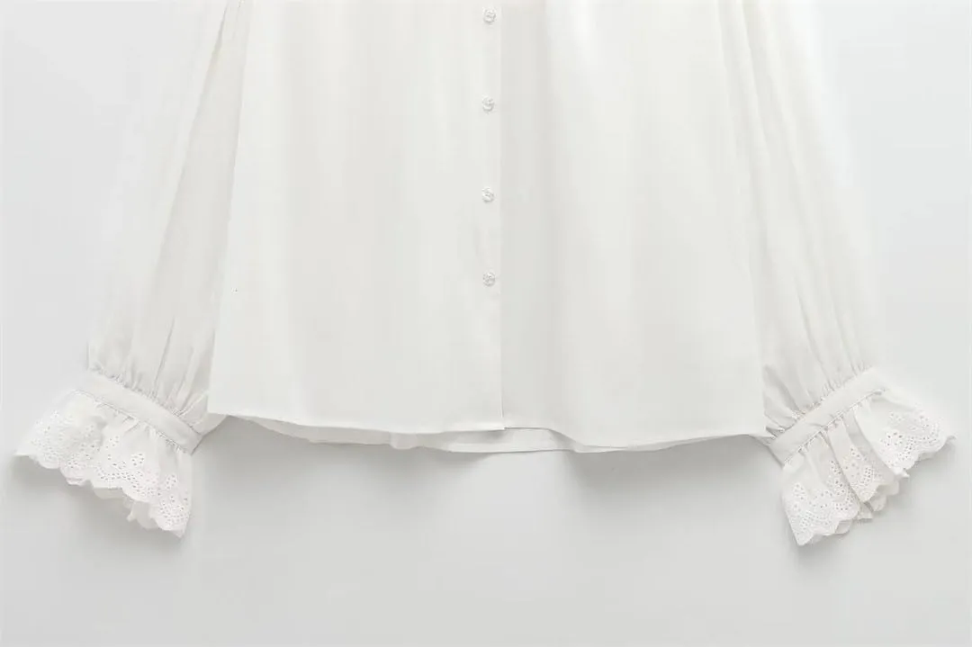 Woman Breathable Hollowed Out Embroidered Top Slim Single Breasted Shirts