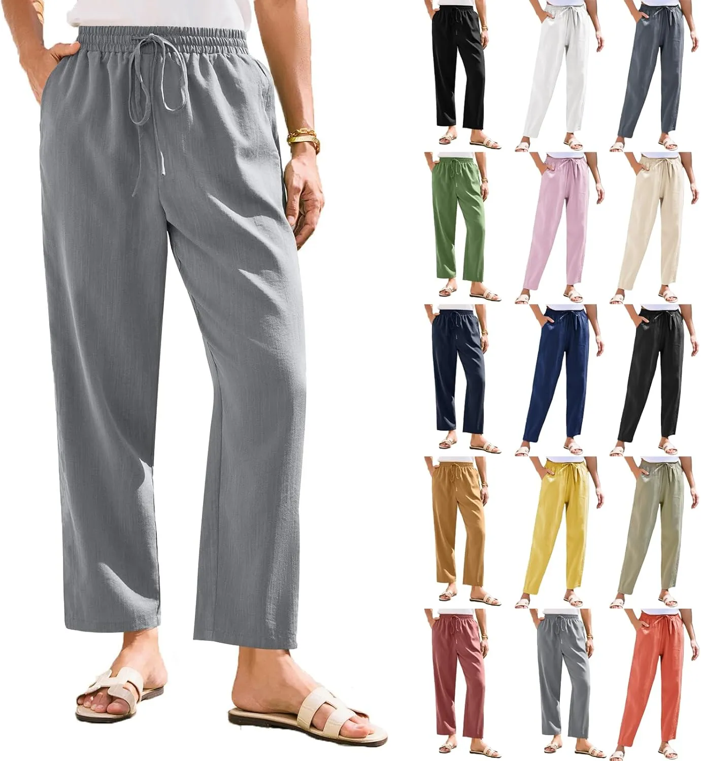 Women Linen Pants Summer Drawstring High Waisted Cropped Straight Leg Pants Casual Ankle Beach Trousers with Pockets