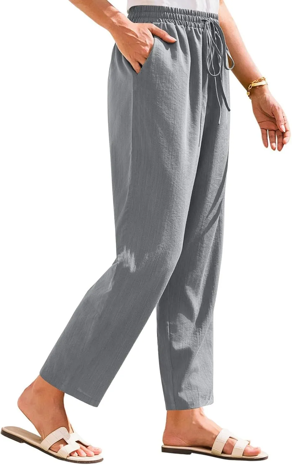 Women Linen Pants Summer Drawstring High Waisted Cropped Straight Leg Pants Casual Ankle Beach Trousers with Pockets