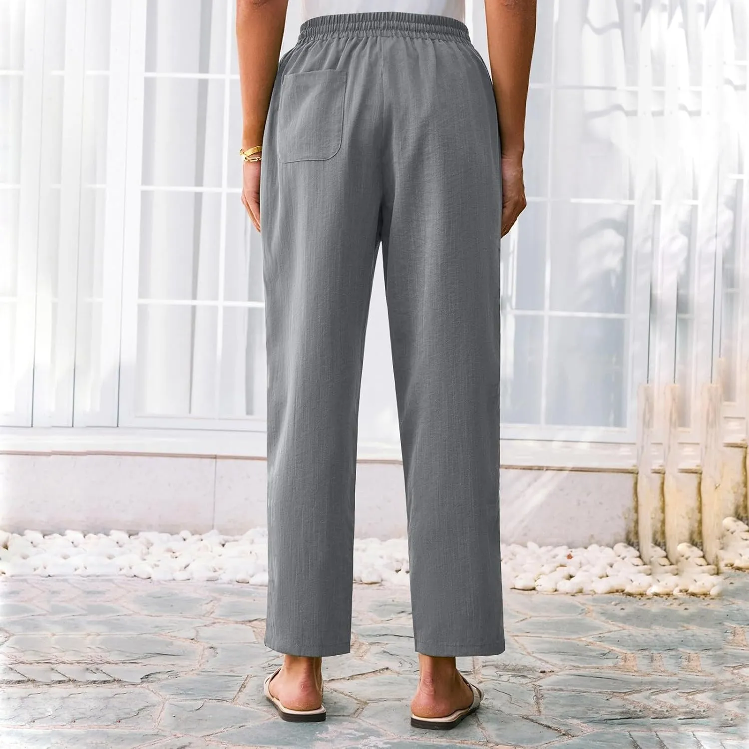 Women Linen Pants Summer Drawstring High Waisted Cropped Straight Leg Pants Casual Ankle Beach Trousers with Pockets