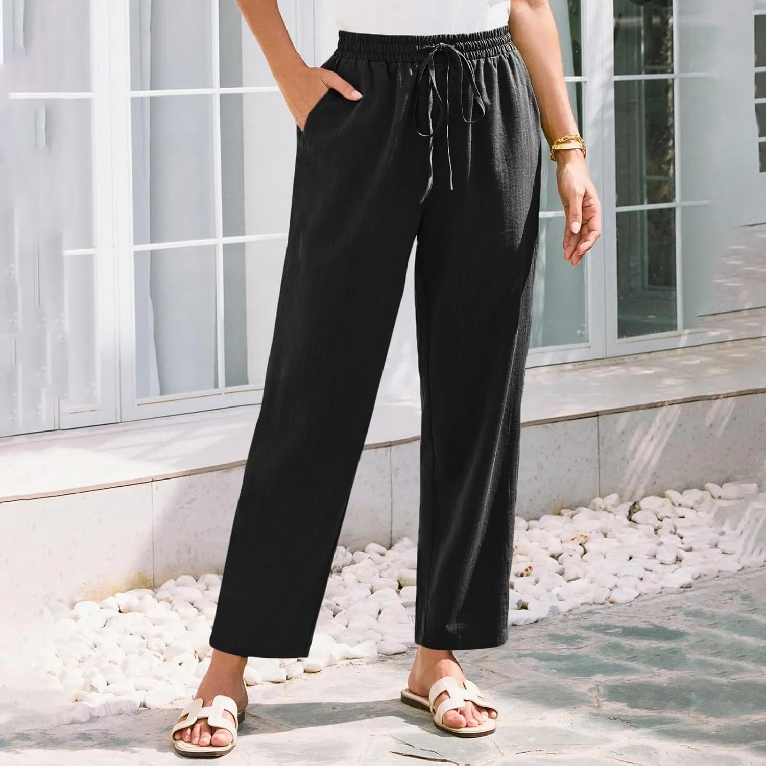 Women Linen Pants Summer Drawstring High Waisted Cropped Straight Leg Pants Casual Ankle Beach Trousers with Pockets