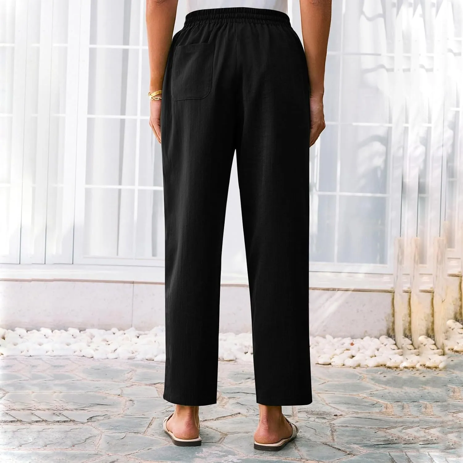 Women Linen Pants Summer Drawstring High Waisted Cropped Straight Leg Pants Casual Ankle Beach Trousers with Pockets
