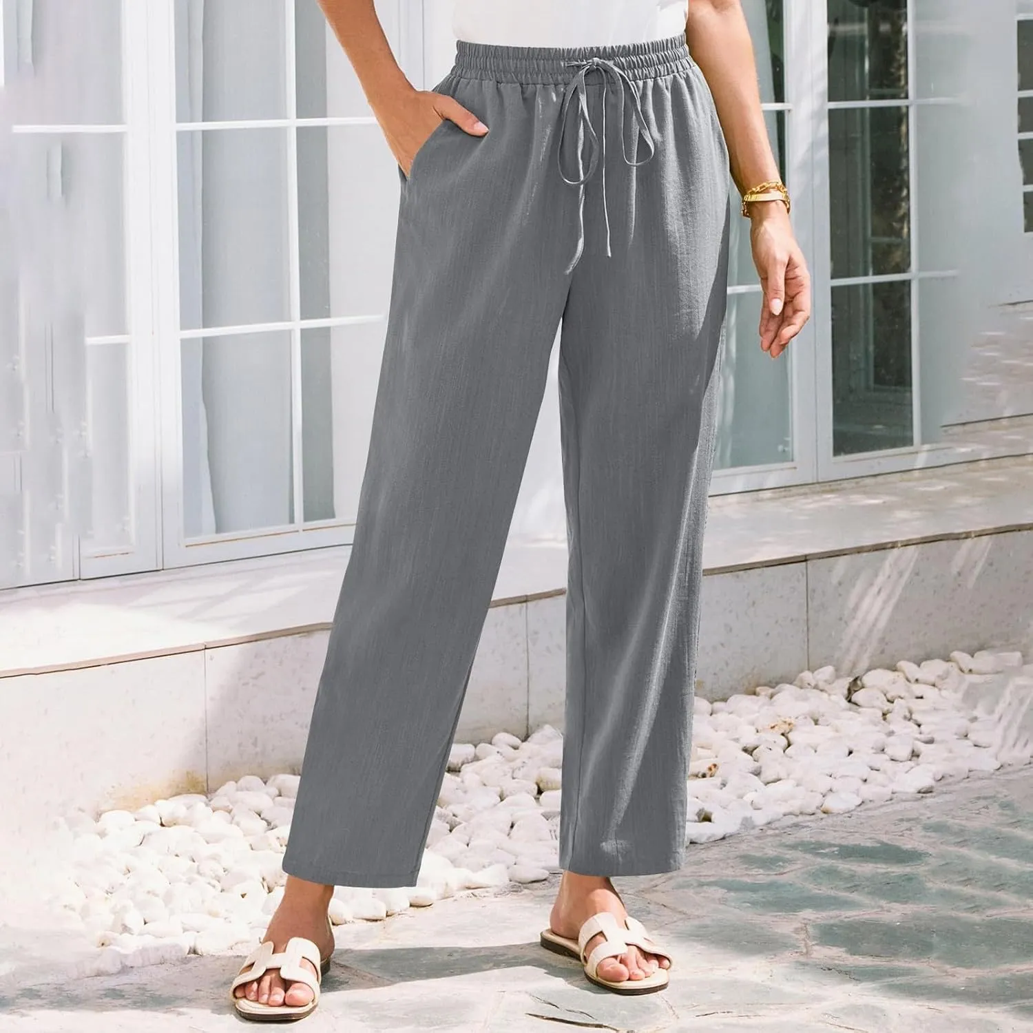 Women Linen Pants Summer Drawstring High Waisted Cropped Straight Leg Pants Casual Ankle Beach Trousers with Pockets