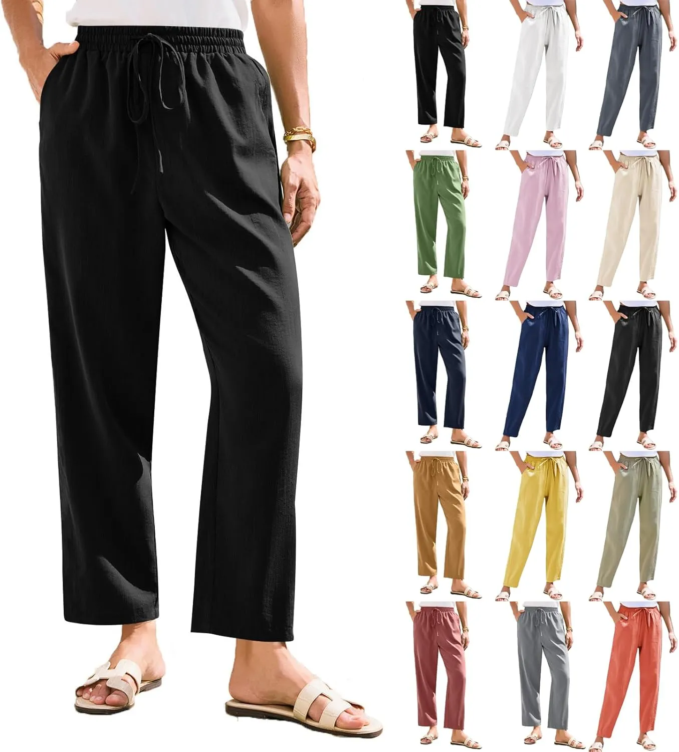 Women Linen Pants Summer Drawstring High Waisted Cropped Straight Leg Pants Casual Ankle Beach Trousers with Pockets