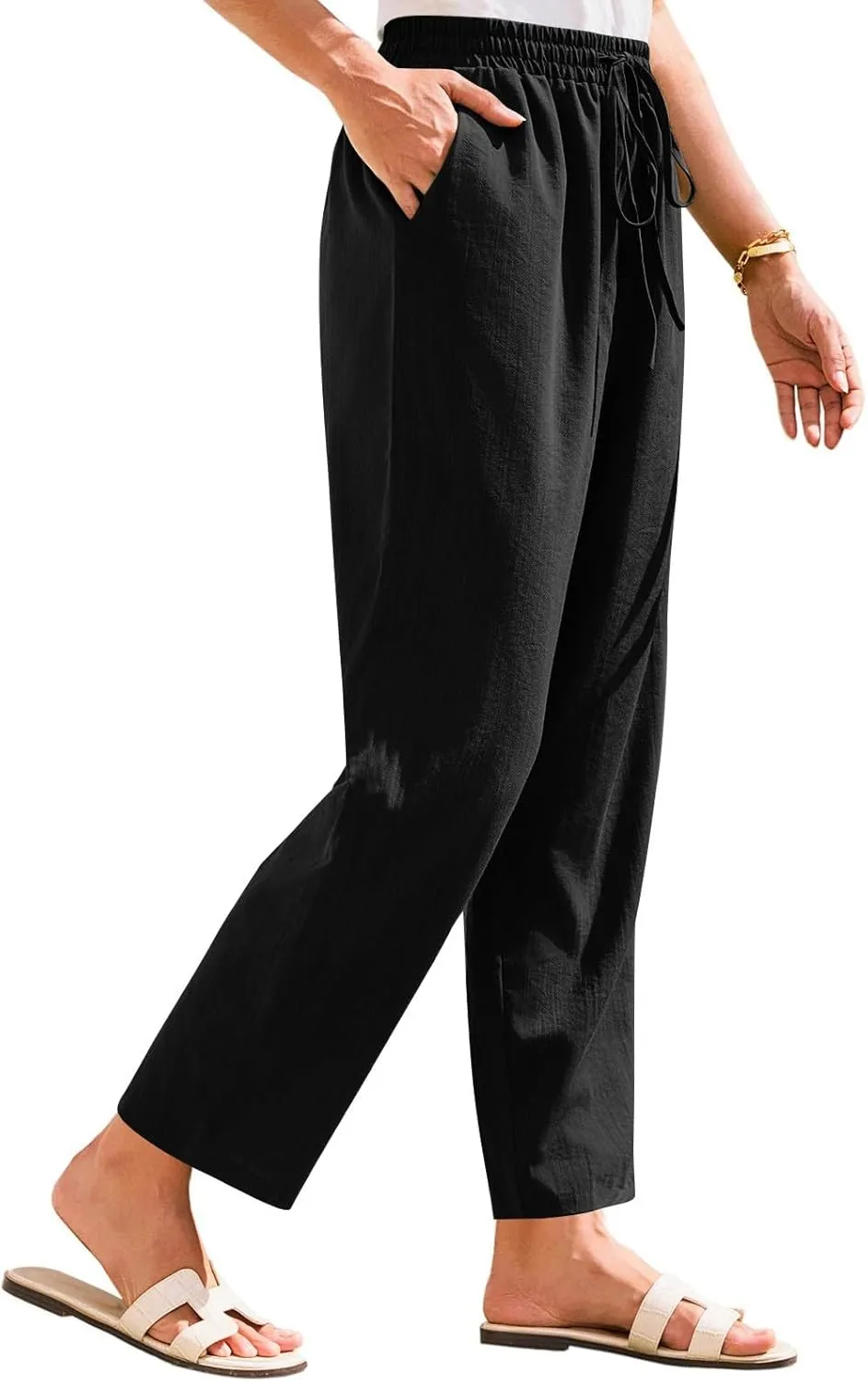 Women Linen Pants Summer Drawstring High Waisted Cropped Straight Leg Pants Casual Ankle Beach Trousers with Pockets