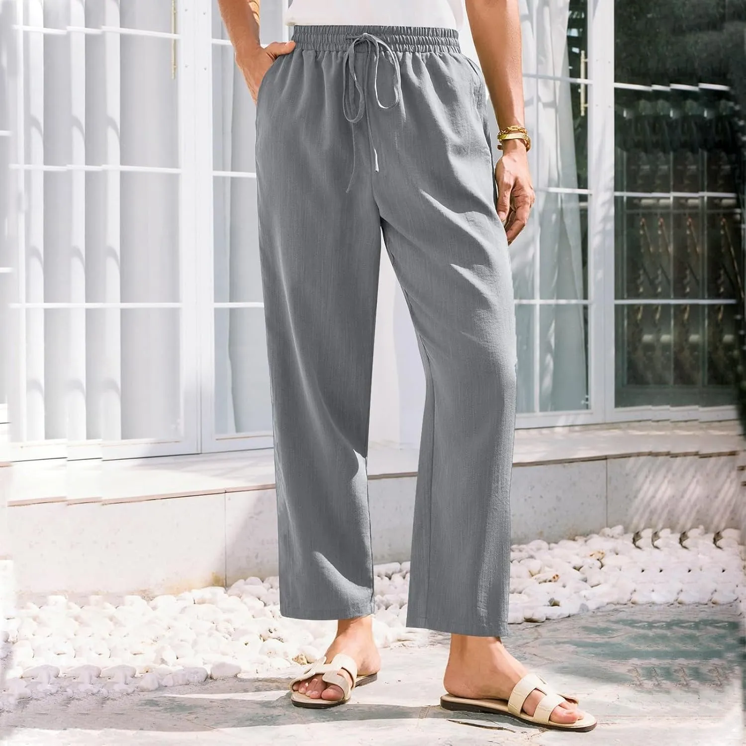 Women Linen Pants Summer Drawstring High Waisted Cropped Straight Leg Pants Casual Ankle Beach Trousers with Pockets