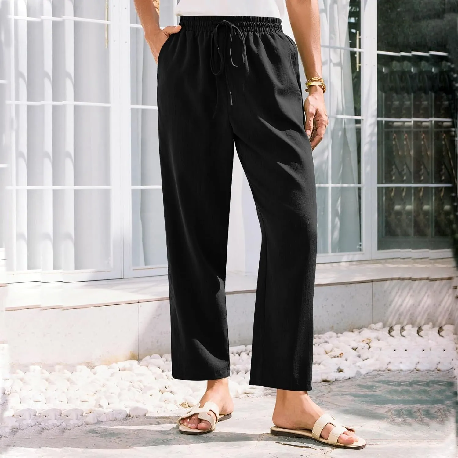 Women Linen Pants Summer Drawstring High Waisted Cropped Straight Leg Pants Casual Ankle Beach Trousers with Pockets