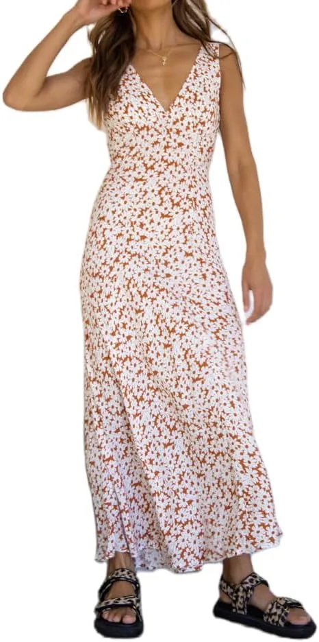 Women Y2k Deep V Neck Maxi Dress Casual Sleeveless Floral Flowy Long Tank Dress Summer Beach Boho Sundress