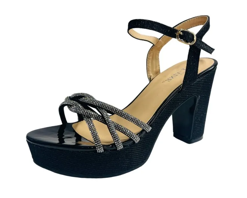 Women's Block Heel Platform Diamante Glitter Shoes