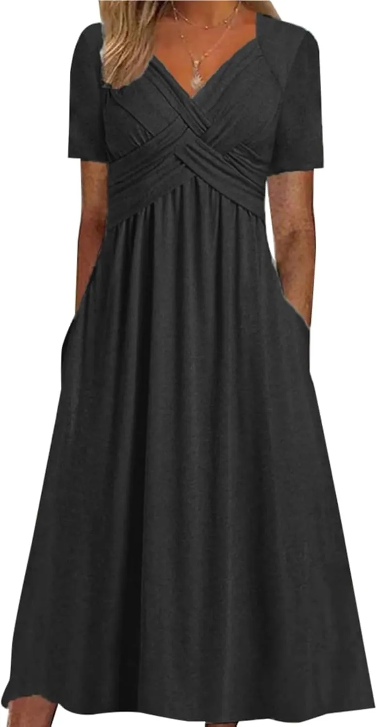 Women's Boho Floral Flowy A Line Midi Dress Casual Summer Short Sleeve Beach Vacation Dresses with Pockets