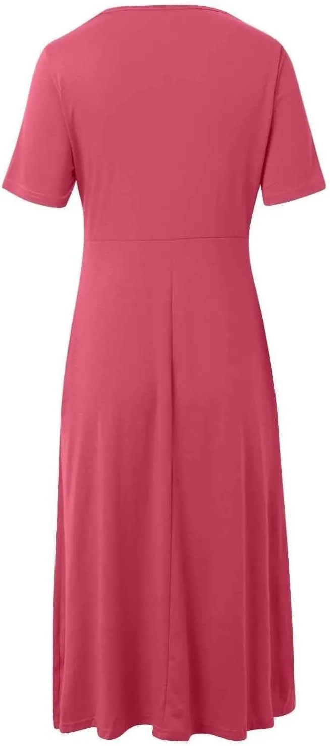 Women's Boho Floral Flowy A Line Midi Dress Casual Summer Short Sleeve Beach Vacation Dresses with Pockets