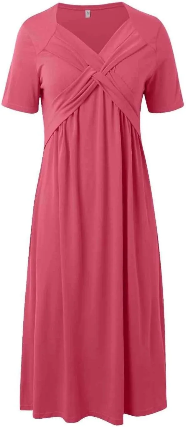 Women's Boho Floral Flowy A Line Midi Dress Casual Summer Short Sleeve Beach Vacation Dresses with Pockets