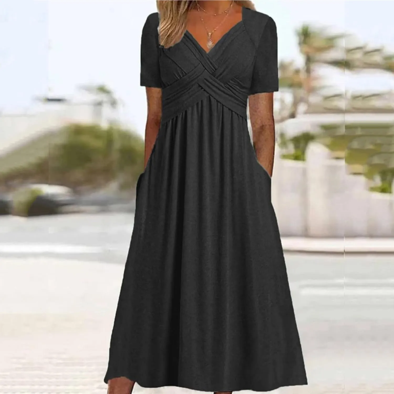 Women's Boho Floral Flowy A Line Midi Dress Casual Summer Short Sleeve Beach Vacation Dresses with Pockets