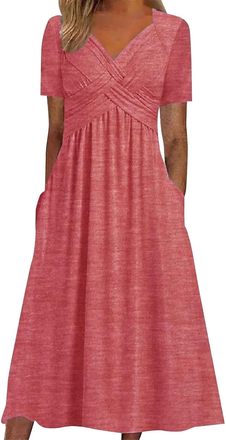 Women's Boho Floral Flowy A Line Midi Dress Casual Summer Short Sleeve Beach Vacation Dresses with Pockets